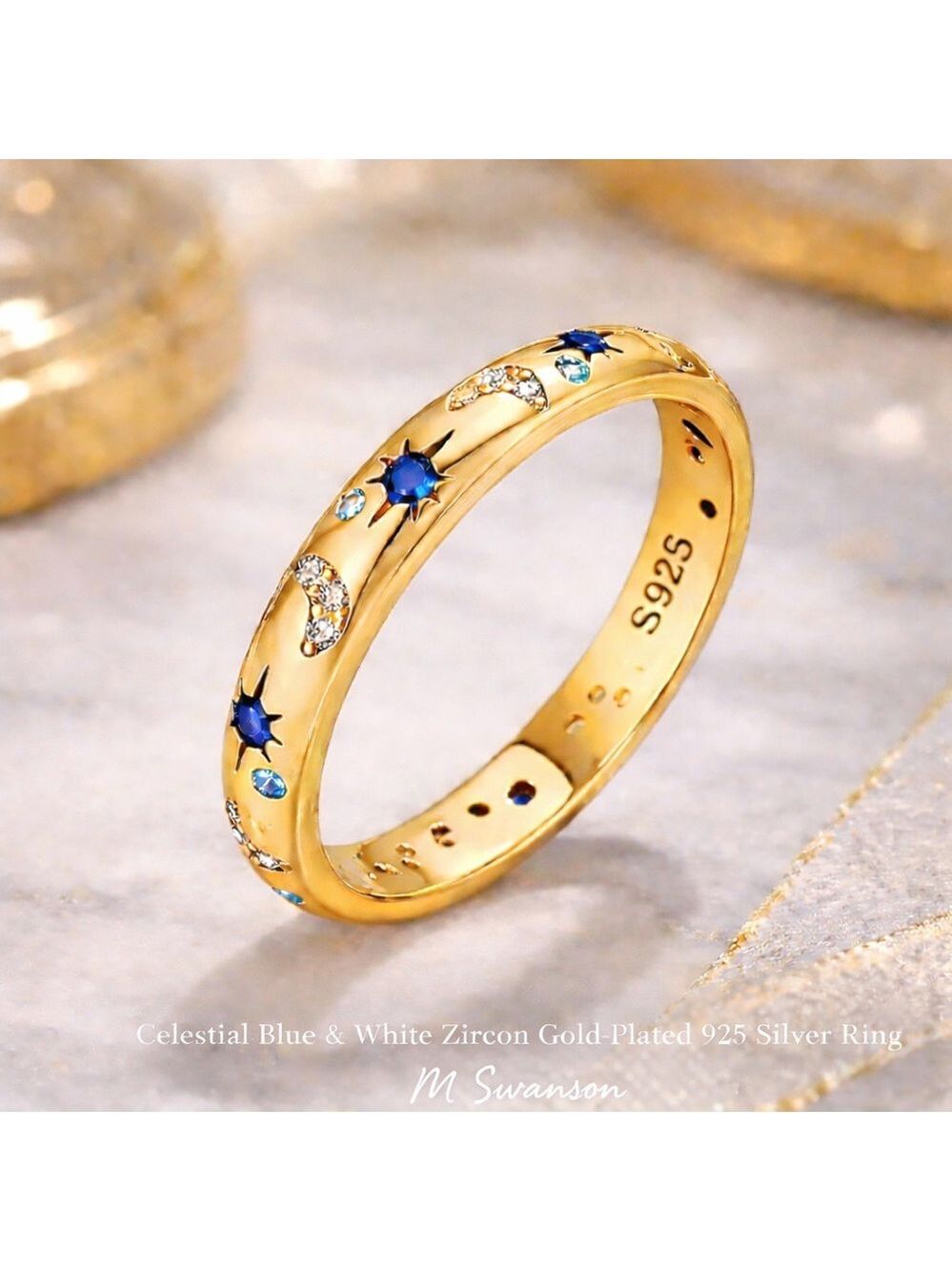 Celestial Blue & White Zircon Gold-Plated 925 Silver Ring Sizes 6, 7, 9 NWT